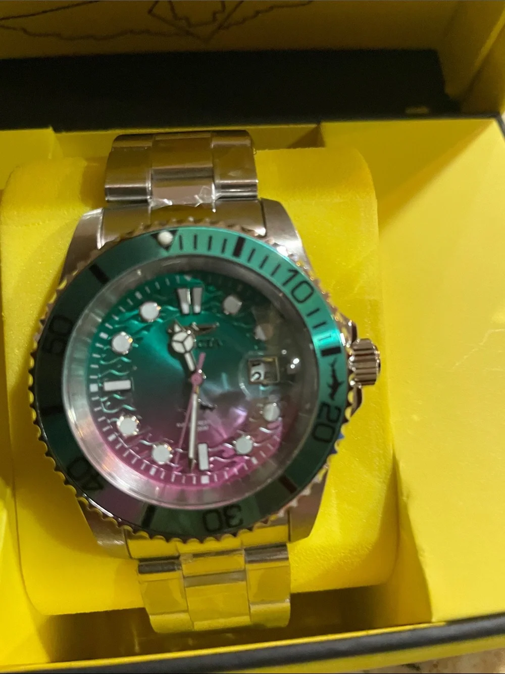 Invicta Pro Diver Stainless Steel Watch with Green and Pink Iridescent Dial